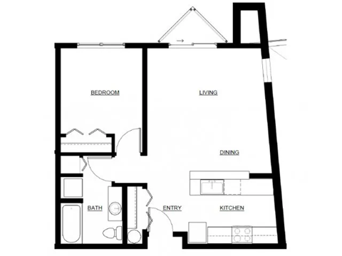 Floor plan for 1 bed, 1 bath, 654 sqft